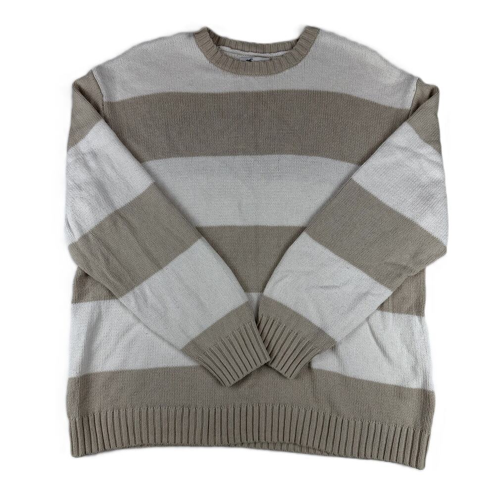 Hollister Striped Thick Knit Neutral Striped Crew Neck Sweater size L
